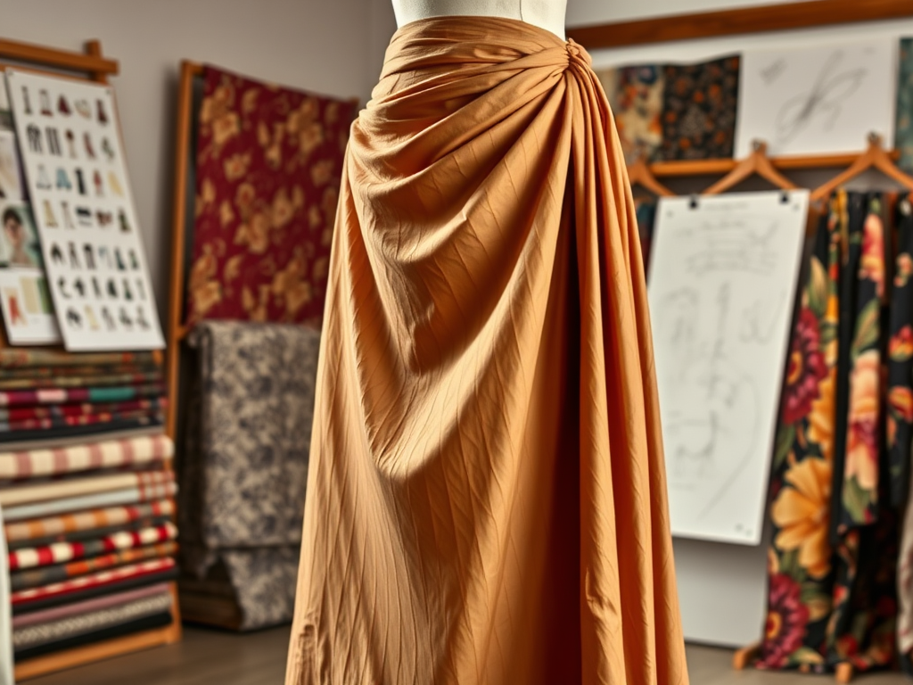 Een lange, oranje rok met plooien, tentoongesteld in een modeatelier omringd door verschillende stoffen.