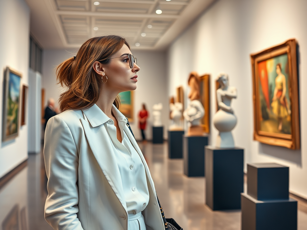 Vrouw in een wit pak kijkt aandachtig naar kunstwerken in een galerie met beelden en schilderijen aan de muur.