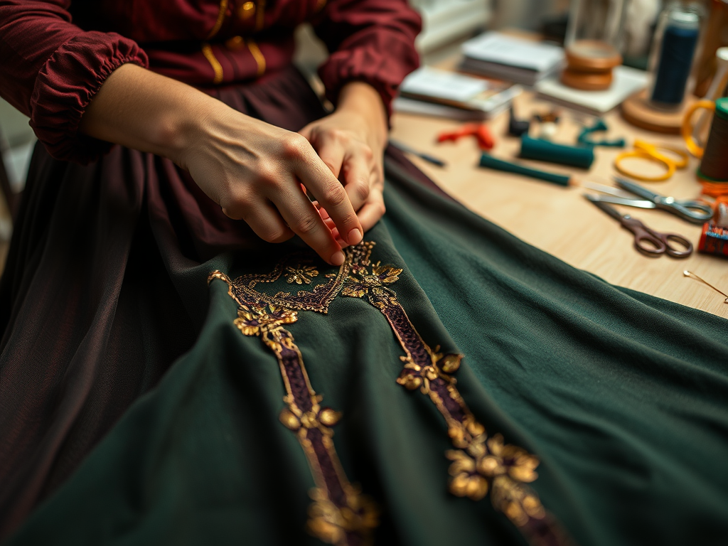 Een hand naait een groene stof met gouden borduursels, omringd door naaiaccessoires op een houten tafel.