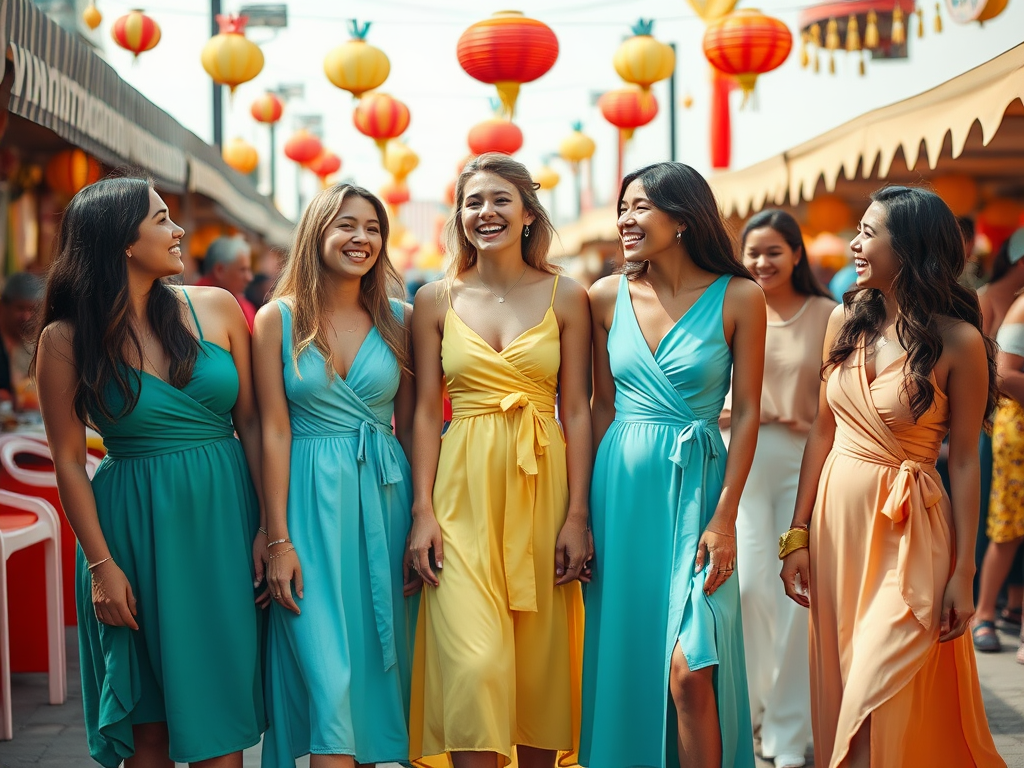 Vijf vrouwen in kleurrijke jurken lachen en wandelen samen in een feestelijke straat met lampionnen.