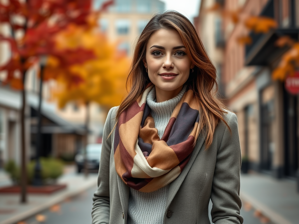 Een vrouw met een sjaal staat op straat omringd door herfstbomen en gebouwen. Ze glimlacht vriendelijk.