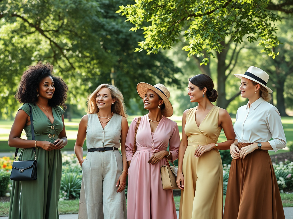 Vijf vrouwen in elegante kleding lachen en praten in een groene parkomgeving onder bomen.