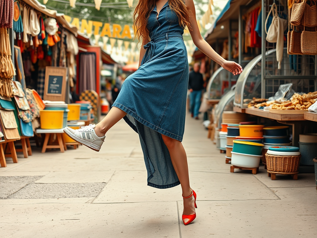 Een vrouw in een denim jurk en sneakers staat in een markt vol kleurige kramen. Haar andere voet draagt hoge hakken.