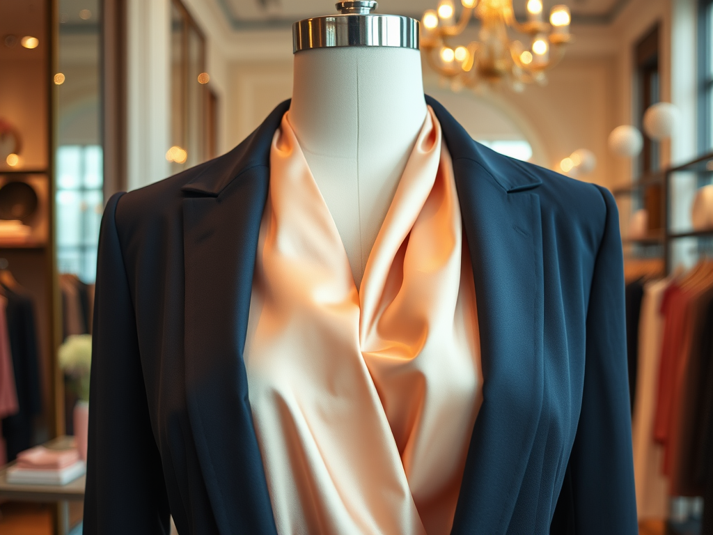 Een close-up van een elegantere outfit, met een navy blazer en een ivoorkleurige satijnen top, in een winkel.