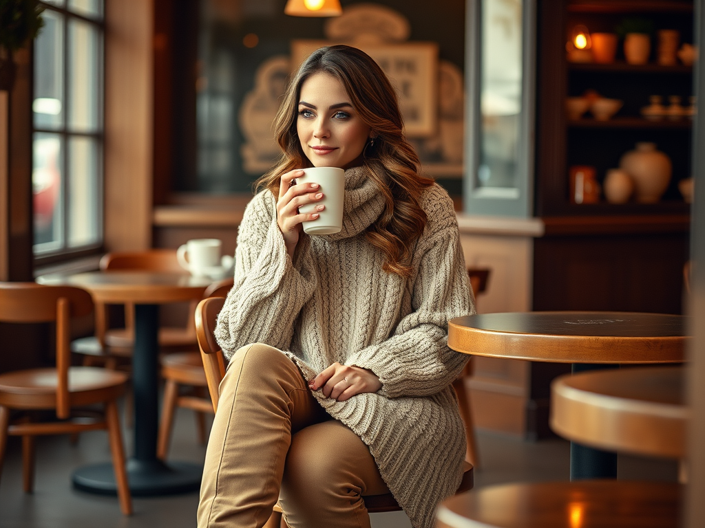 Een vrouw met een warme trui zit in een café en drinkt koffie. Het heeft een gezellige en stijlvolle uitstraling.