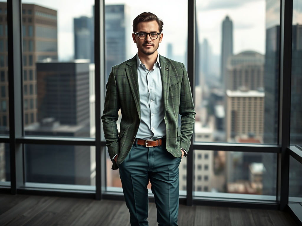 Een man in een groen geruit jasje staat in een moderne kantooromgeving met een uitzicht op de stad.