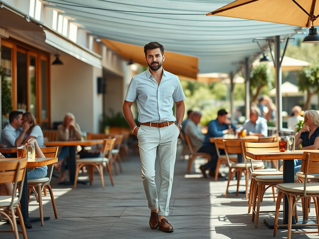 Een man in een casual outfit wandelt door een levendig terras met tafels en gasten. Zomer sfeer en gezelligheid.