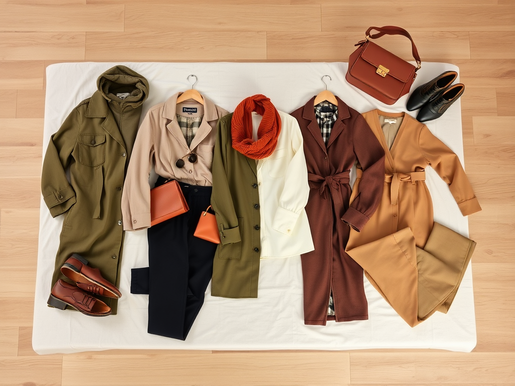 Een outfitflatlay met diverse jassen, tops, sjaals, broeken, tas en schoenen in warme kleuren.