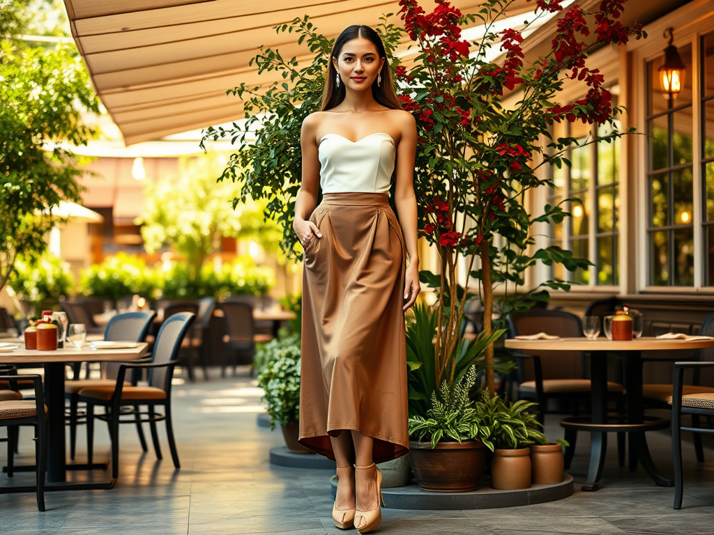 Een vrouw in een tweedeurs top en bruine rok poseert in een buitenruimte met planten en tafels.